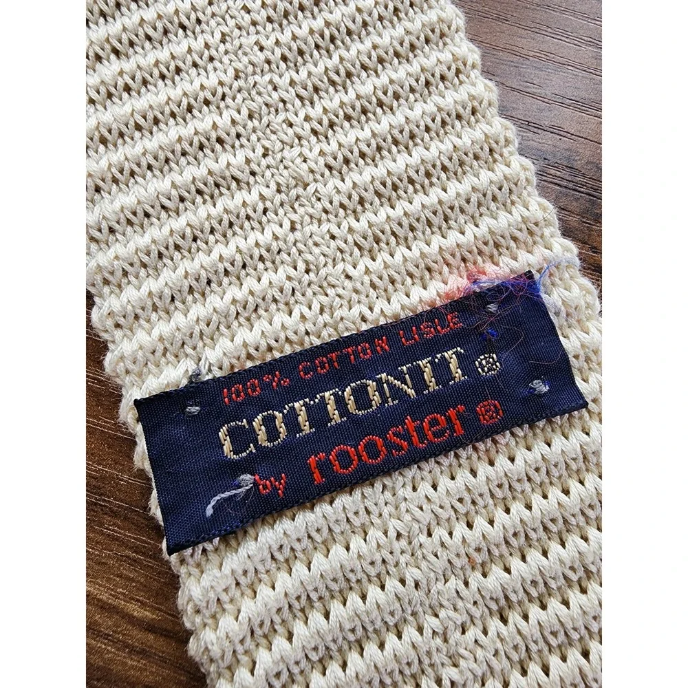 Vintage 70s Mens Tie Knit Square End Flat Bottom Cotton USA Made Cream White